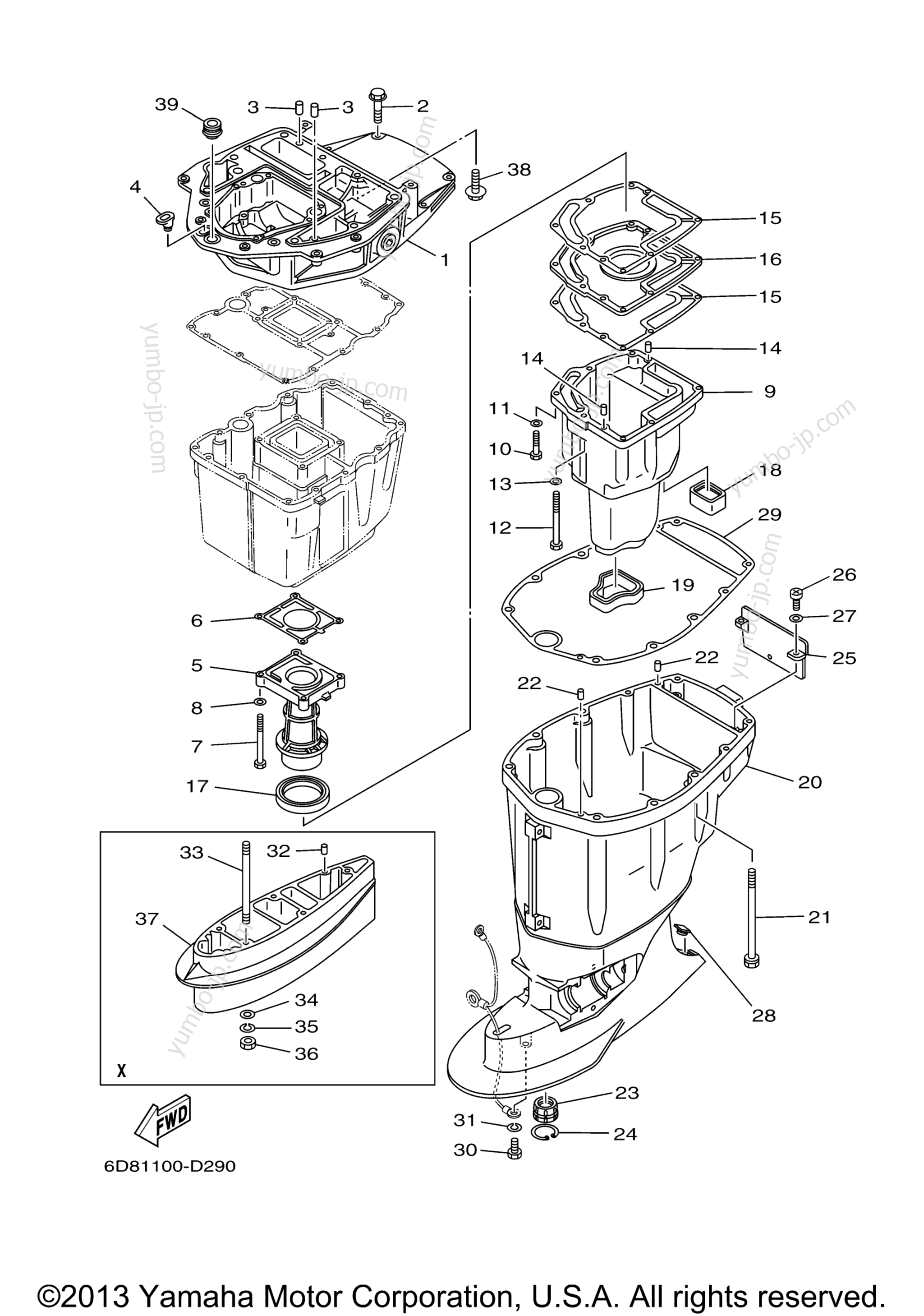 Upper Casing для лодочных моторов YAMAHA F75TLR (0407) 62P-1010402~ F90TLT_TXR_TJR 61P-1028830~ 2006 г.