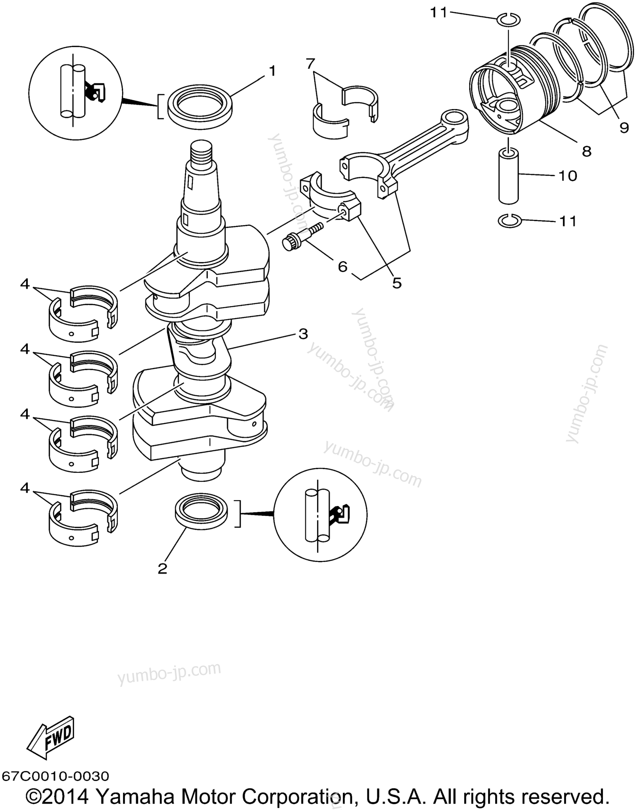 Коленвал и поршневая группа для лодочных моторов YAMAHA F40MSHA_MLHA_ESRA_TLRA (F30TLRA) 2002 г.