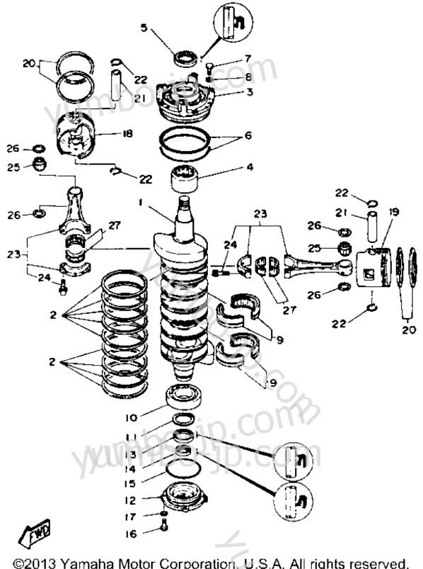 Коленвал и поршневая группа для лодочных моторов YAMAHA L150TXRR 1993 г.