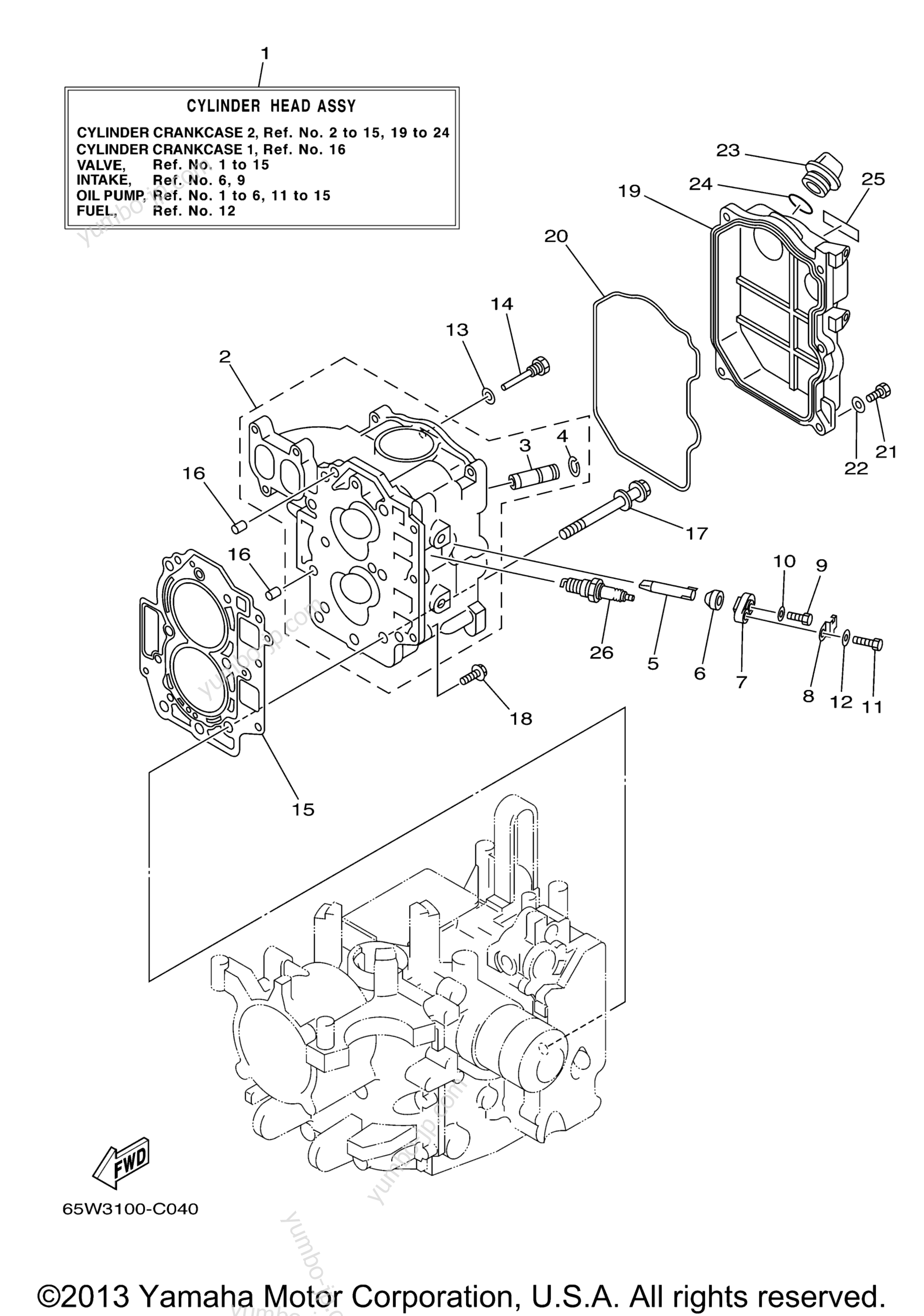 Cylinder Crankcase 2 для лодочных моторов YAMAHA F25ESRC_ELRC_TLRC (F25ELRC) 2004 г.