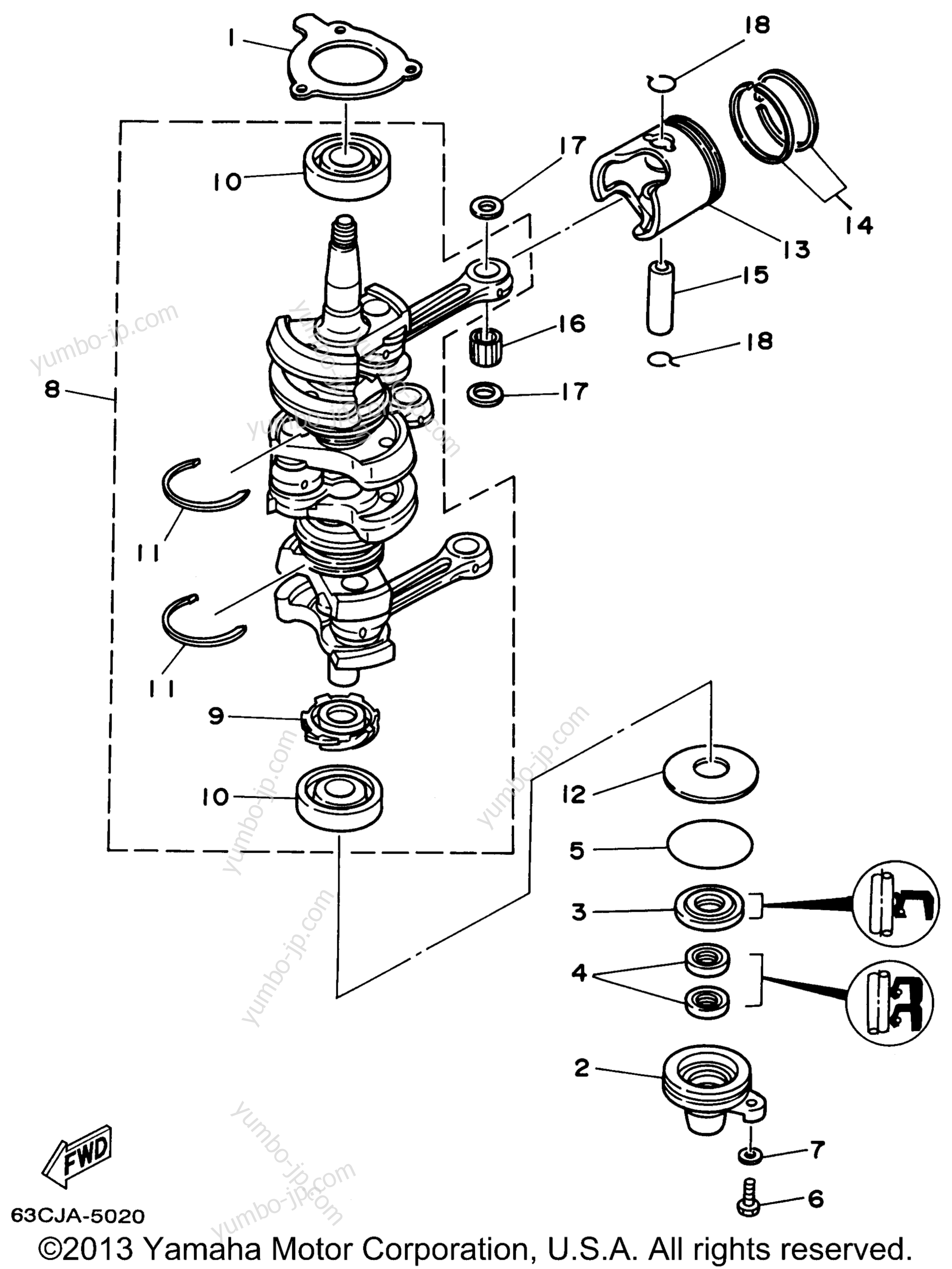 Коленвал и поршневая группа для лодочных моторов YAMAHA P40EJRW_THLW (40EJRW) 1998 г.