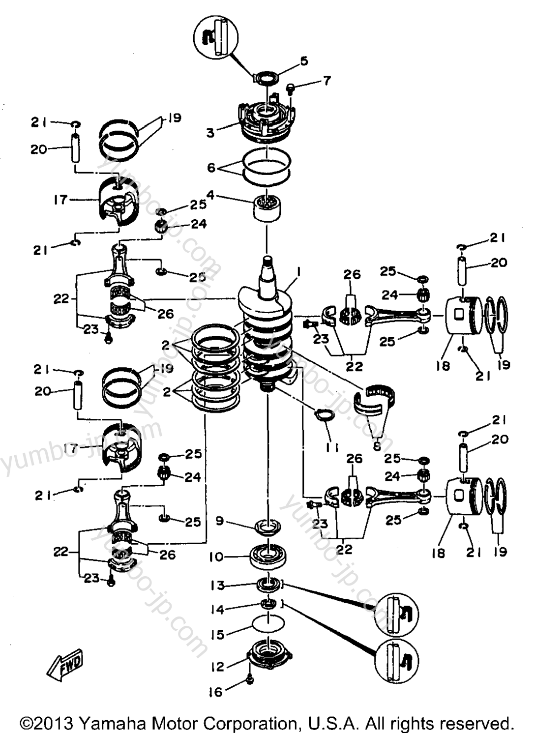 Коленвал и поршневая группа для лодочных моторов YAMAHA 130TLRX 1999 г.