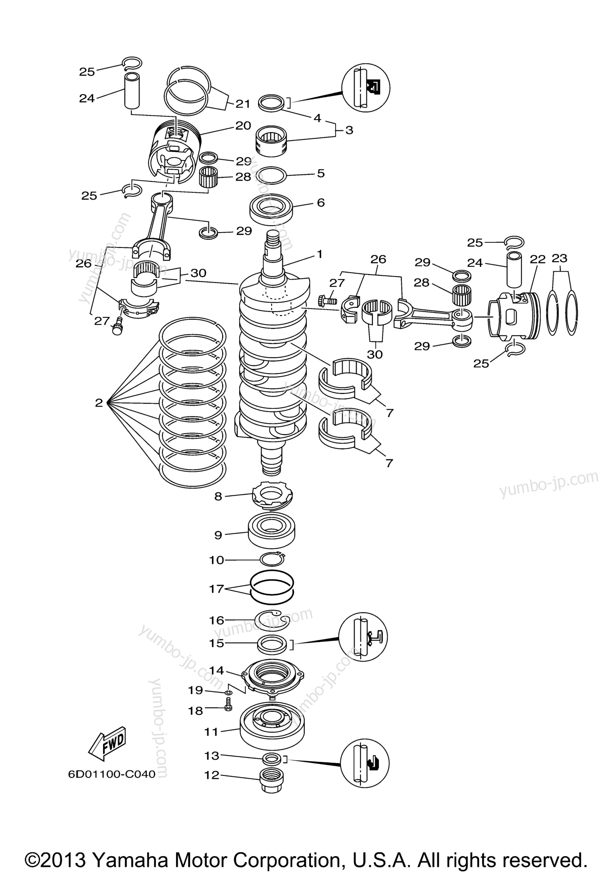 Коленвал и поршневая группа для лодочных моторов YAMAHA VZ300BTLR (0407) 6C9-1001078~ 2006 г.