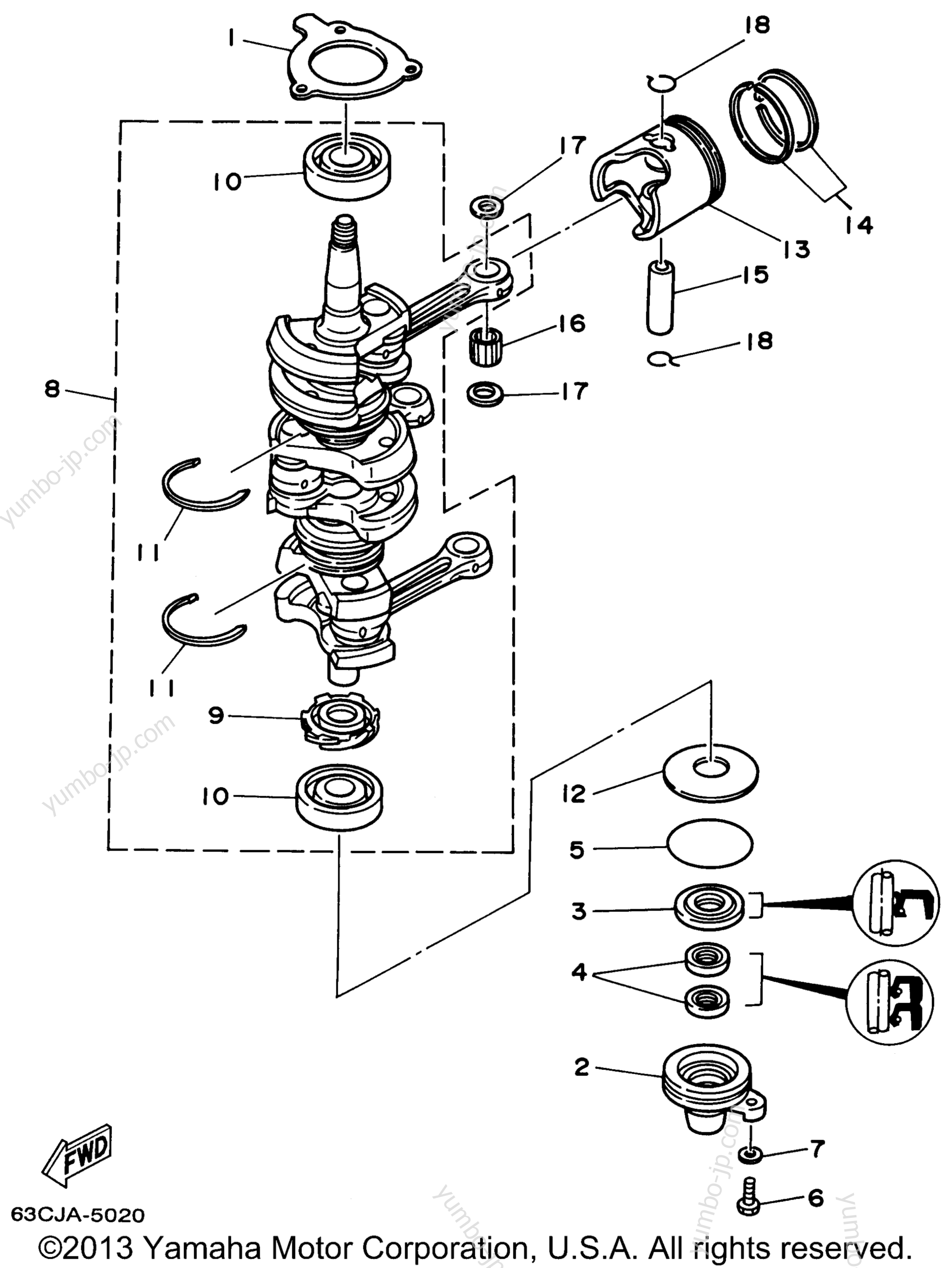 Коленвал и поршневая группа для лодочных моторов YAMAHA 50EJRX (40MLHX) 1999 г.