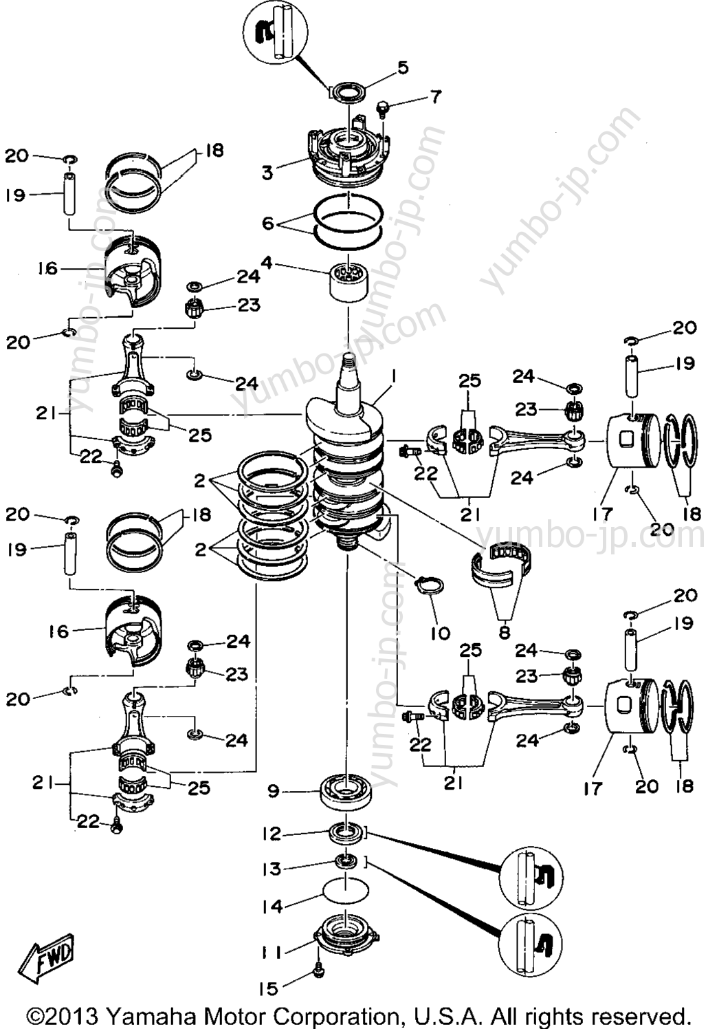 Коленвал и поршневая группа для лодочных моторов YAMAHA P115TLRU 1996 г.