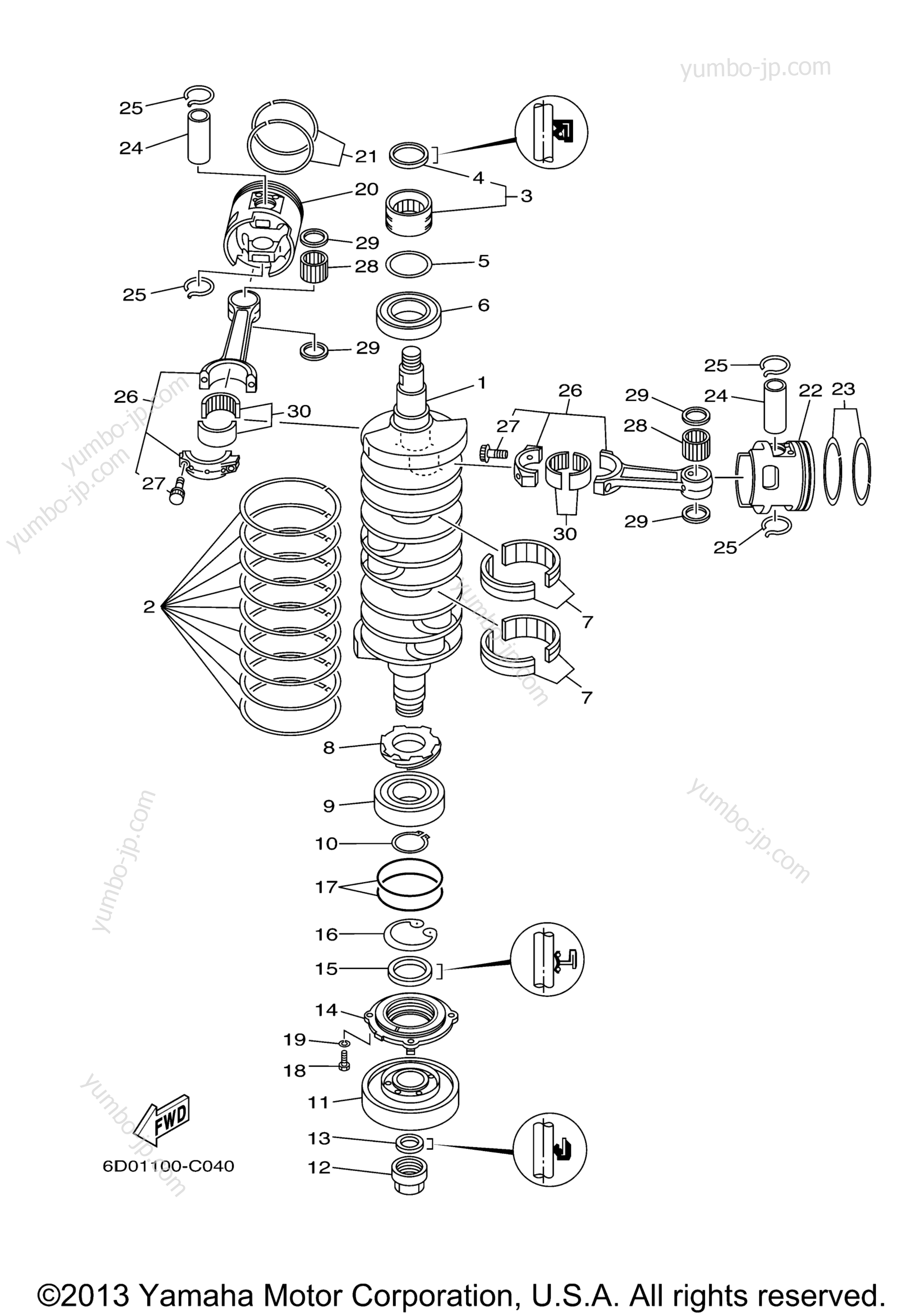 Коленвал и поршневая группа для лодочных моторов YAMAHA Z300TUR (0406) 6D0-1003785~1003809 LZ300TXR 6D1-1001809~1001814 2006 г.