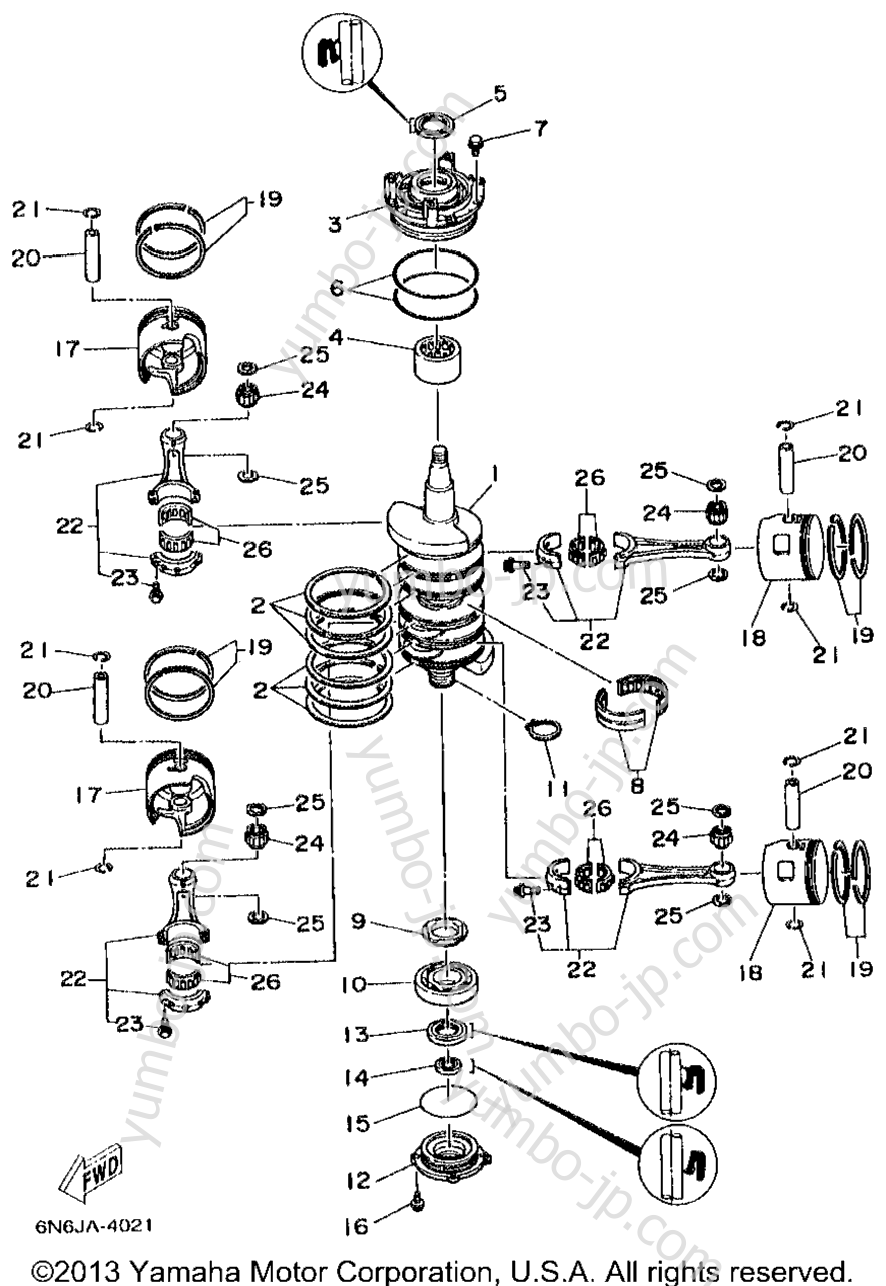 Коленвал и поршневая группа для лодочных моторов YAMAHA B115TLRW 1998 г.