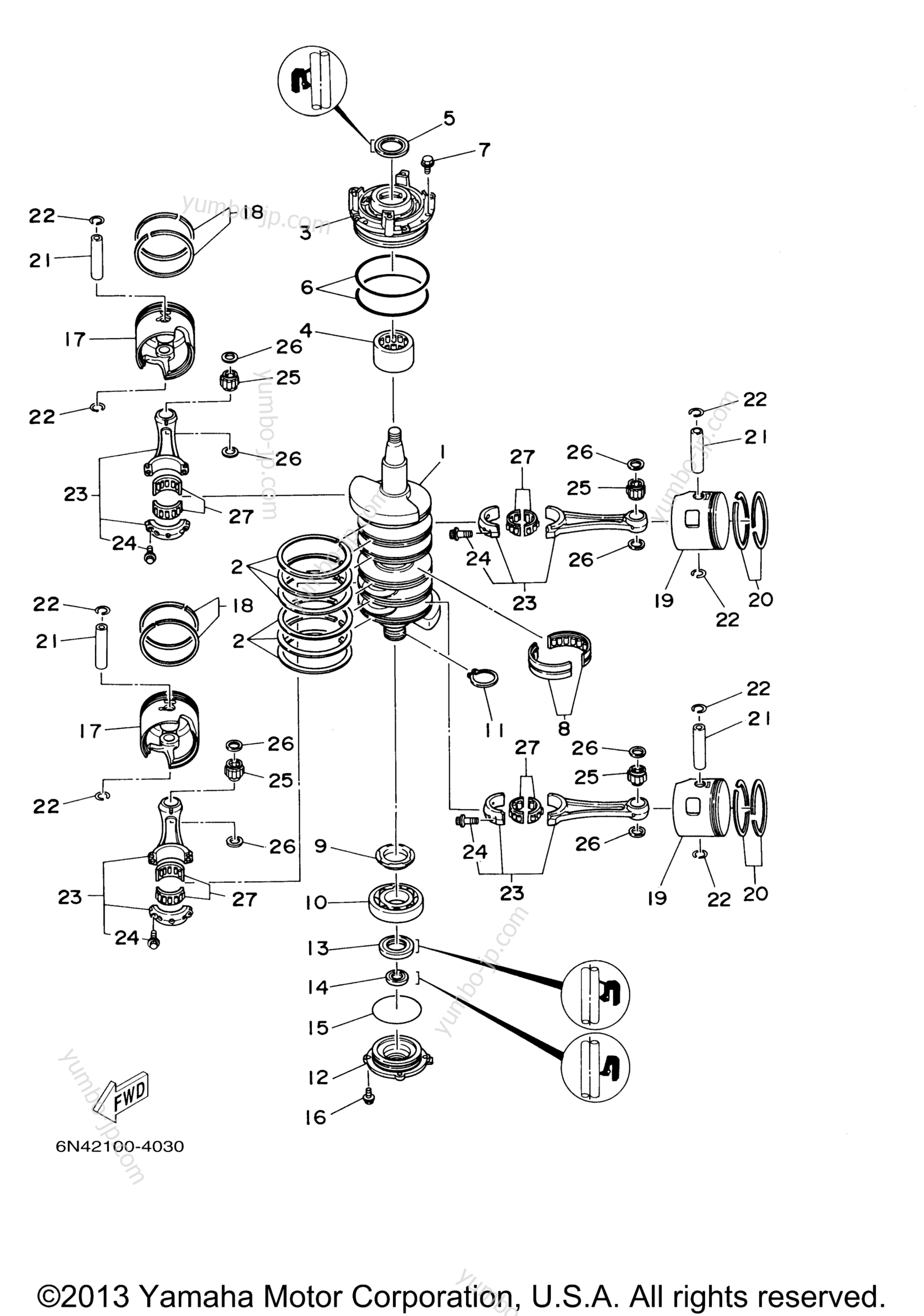 Коленвал и поршневая группа для лодочных моторов YAMAHA 115TLR (0406) 6N6-1018223~1021118 2006 г.