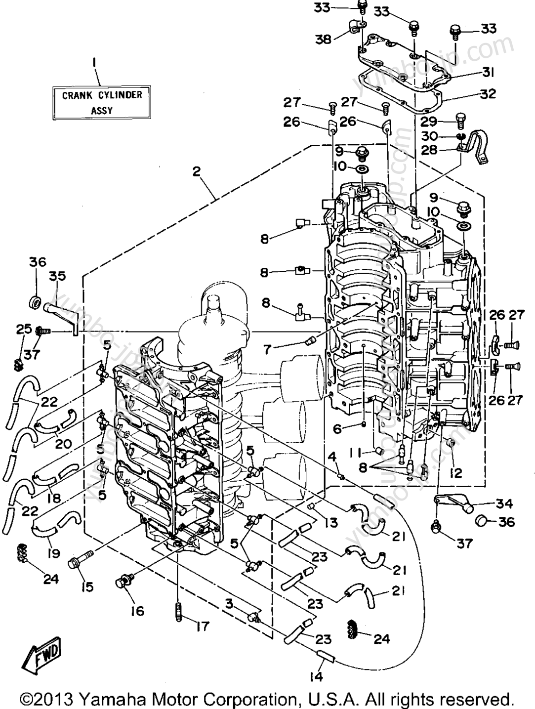 Cylinder Crankcase 1 для лодочных моторов YAMAHA 225TLRS 1994 г.