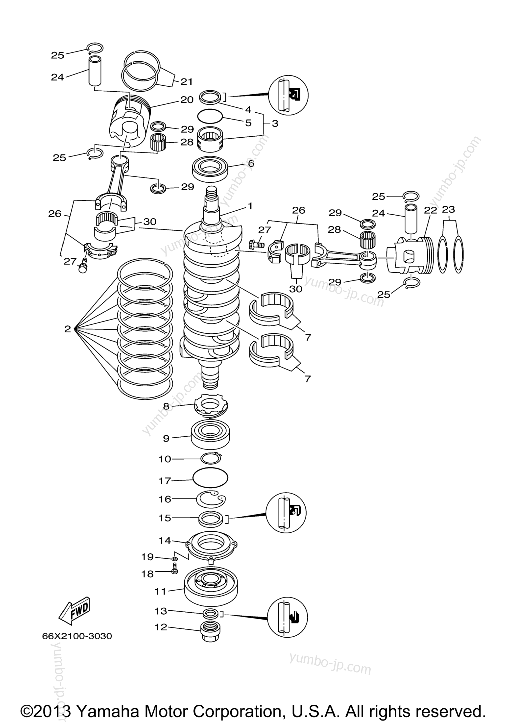Коленвал и поршневая группа для лодочных моторов YAMAHA LX225_250TXRB (SX225TURB) 2003 г.