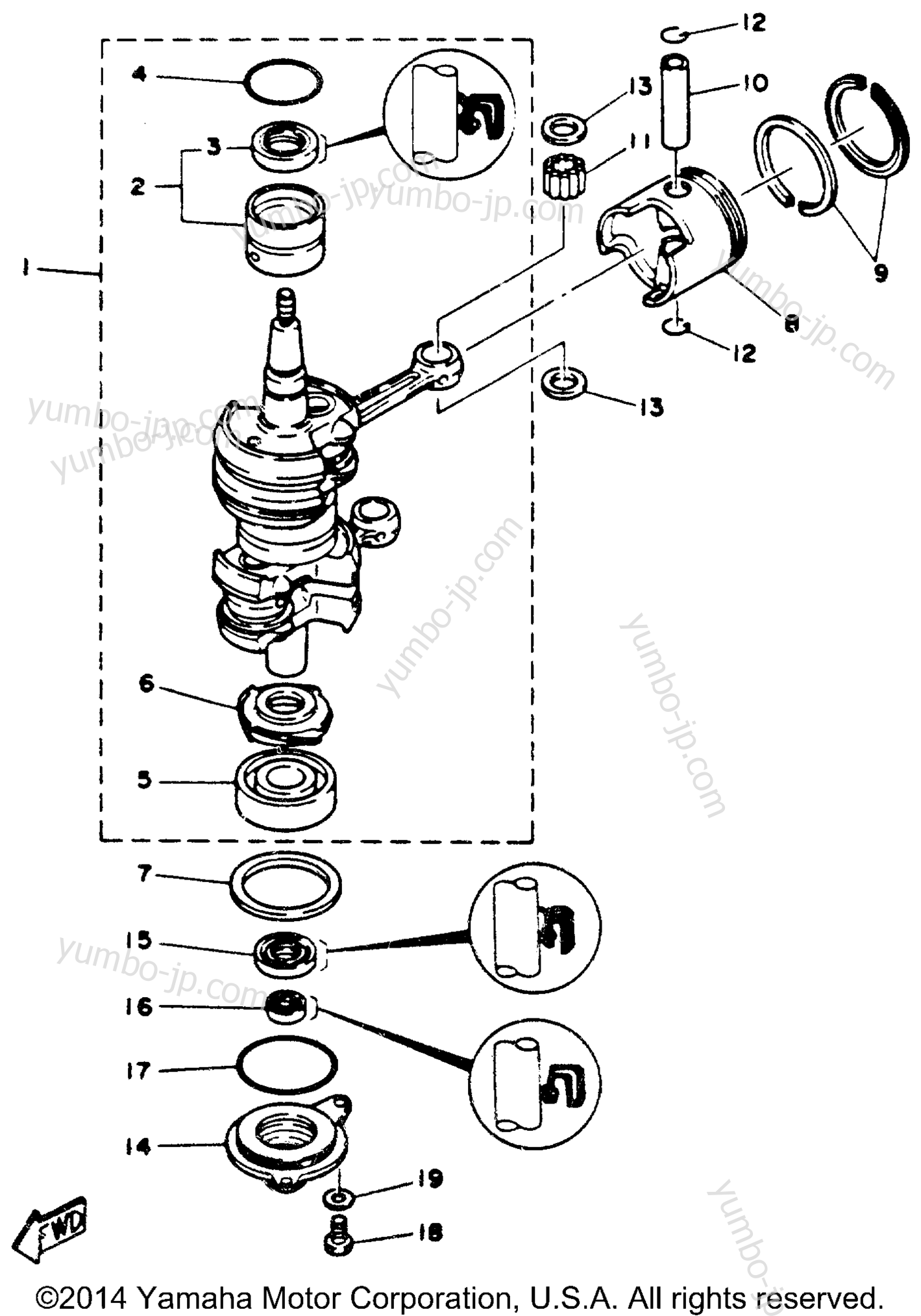 Коленвал и поршневая группа для лодочных моторов YAMAHA 25MLHR 1993 г.