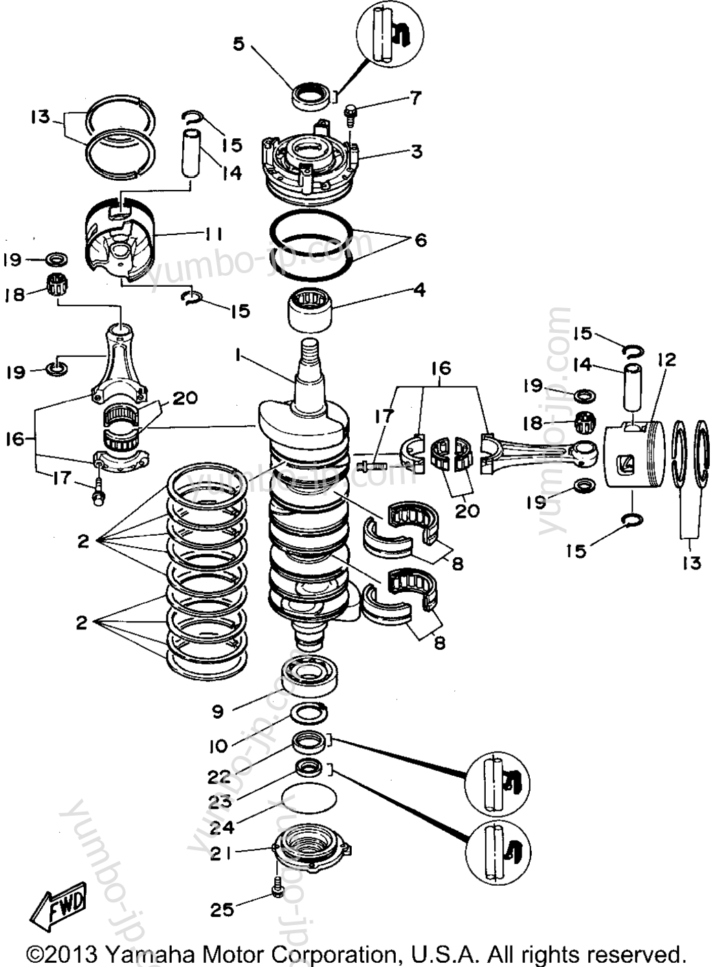 Коленвал и поршневая группа для лодочных моторов YAMAHA P150TLRT 1995 г.