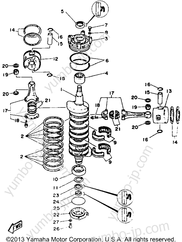 Коленвал и поршневая группа для лодочных моторов YAMAHA P200TLRR 1993 г.