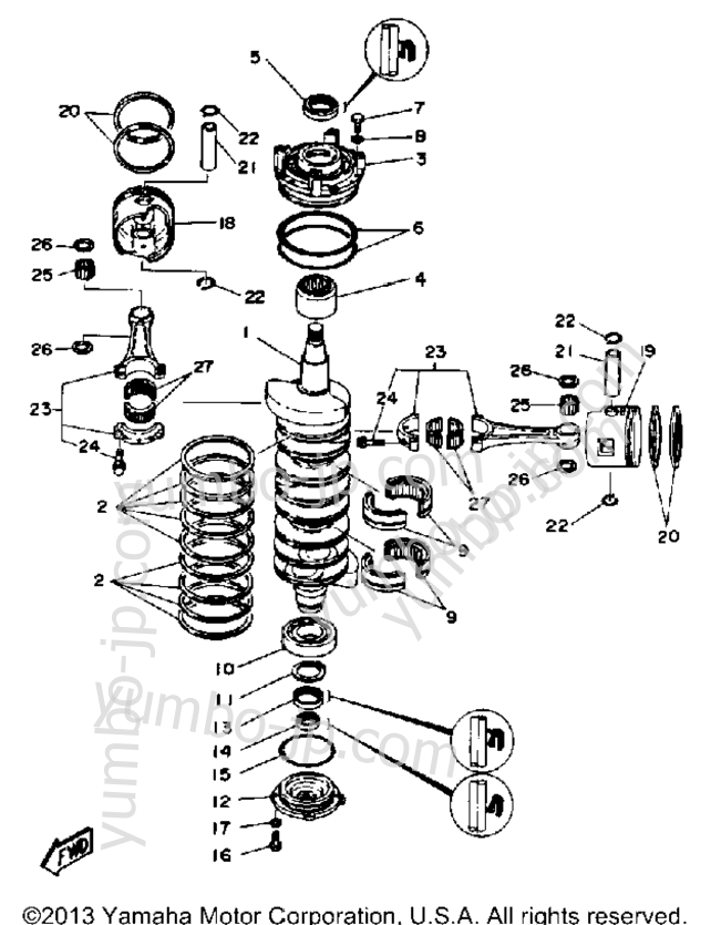 Коленвал и поршневая группа для лодочных моторов YAMAHA 200TXRP 1991 г.