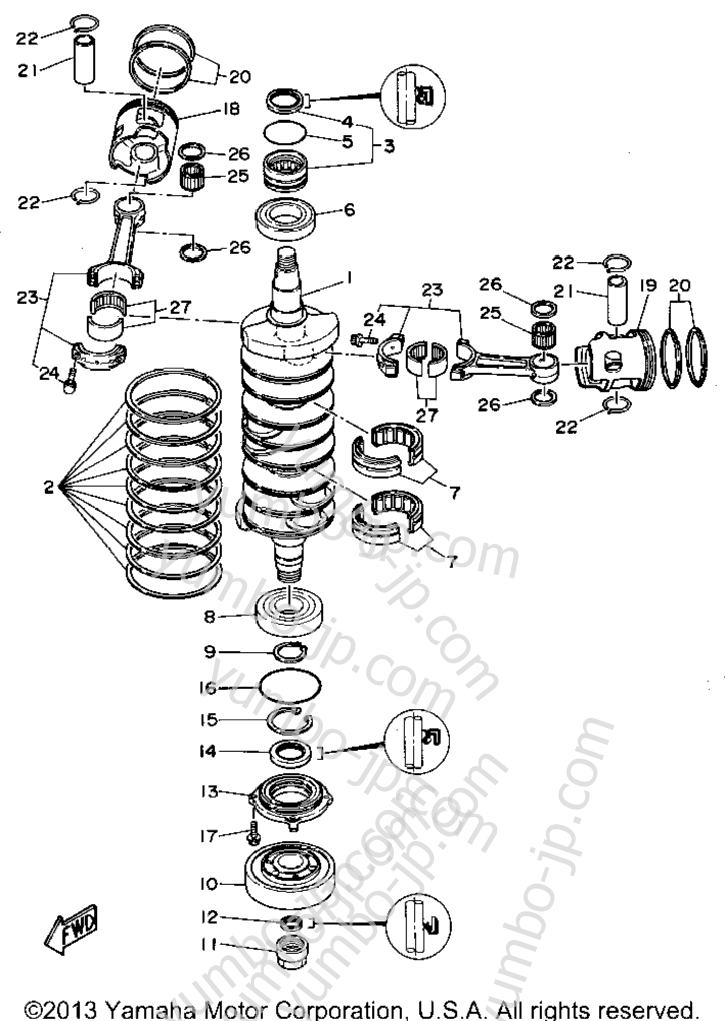 Коленвал и поршневая группа для лодочных моторов YAMAHA L225TXRT 1995 г.