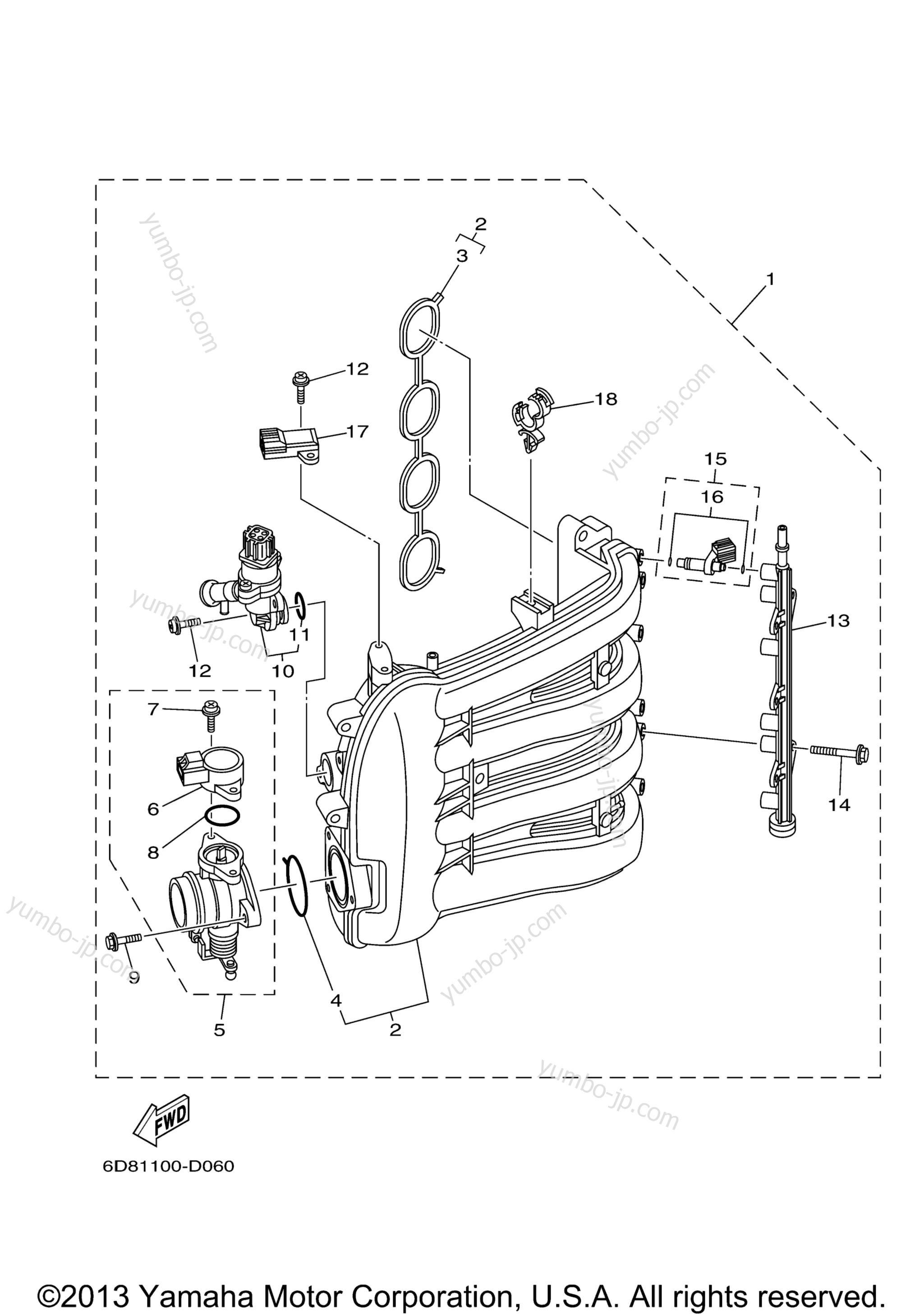 Intake 1 для лодочных моторов YAMAHA F75TLR (0405) 62P-1005583~1008068 F90TLR_TXR_TJR 61P-1013277~102 2006 г.