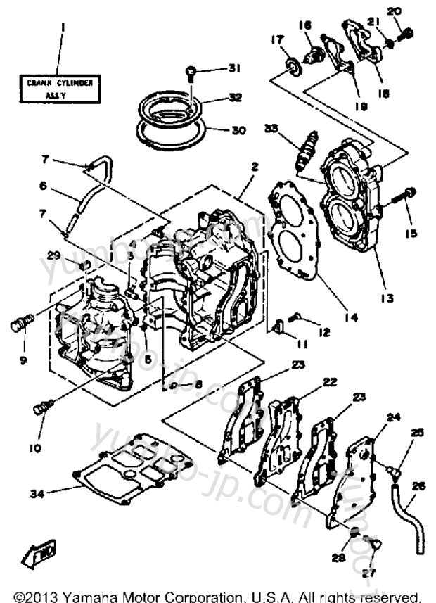 Crankcase Cylinder для лодочных моторов YAMAHA 9_9_15SH_LH_ESH_ELH (15ELH) 1987 г.