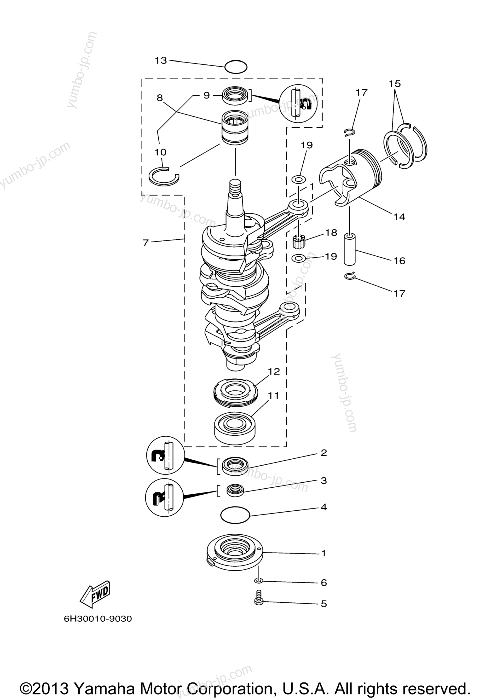Коленвал и поршневая группа для лодочных моторов YAMAHA 70TLR (0406) 6H3-1007285~1010212 2006 г.