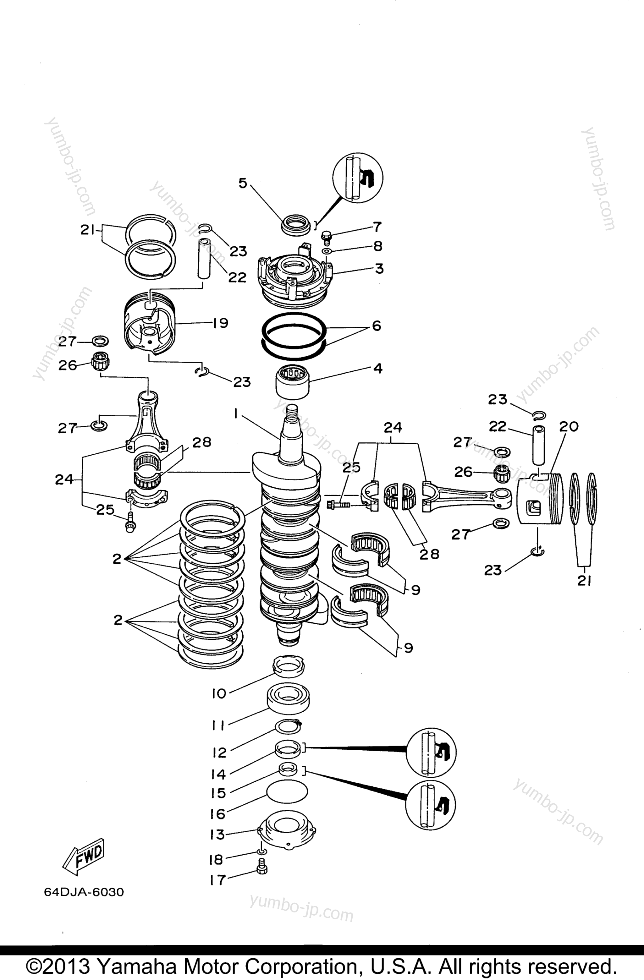 Коленвал и поршневая группа для лодочных моторов YAMAHA P150TLRU 1996 г.