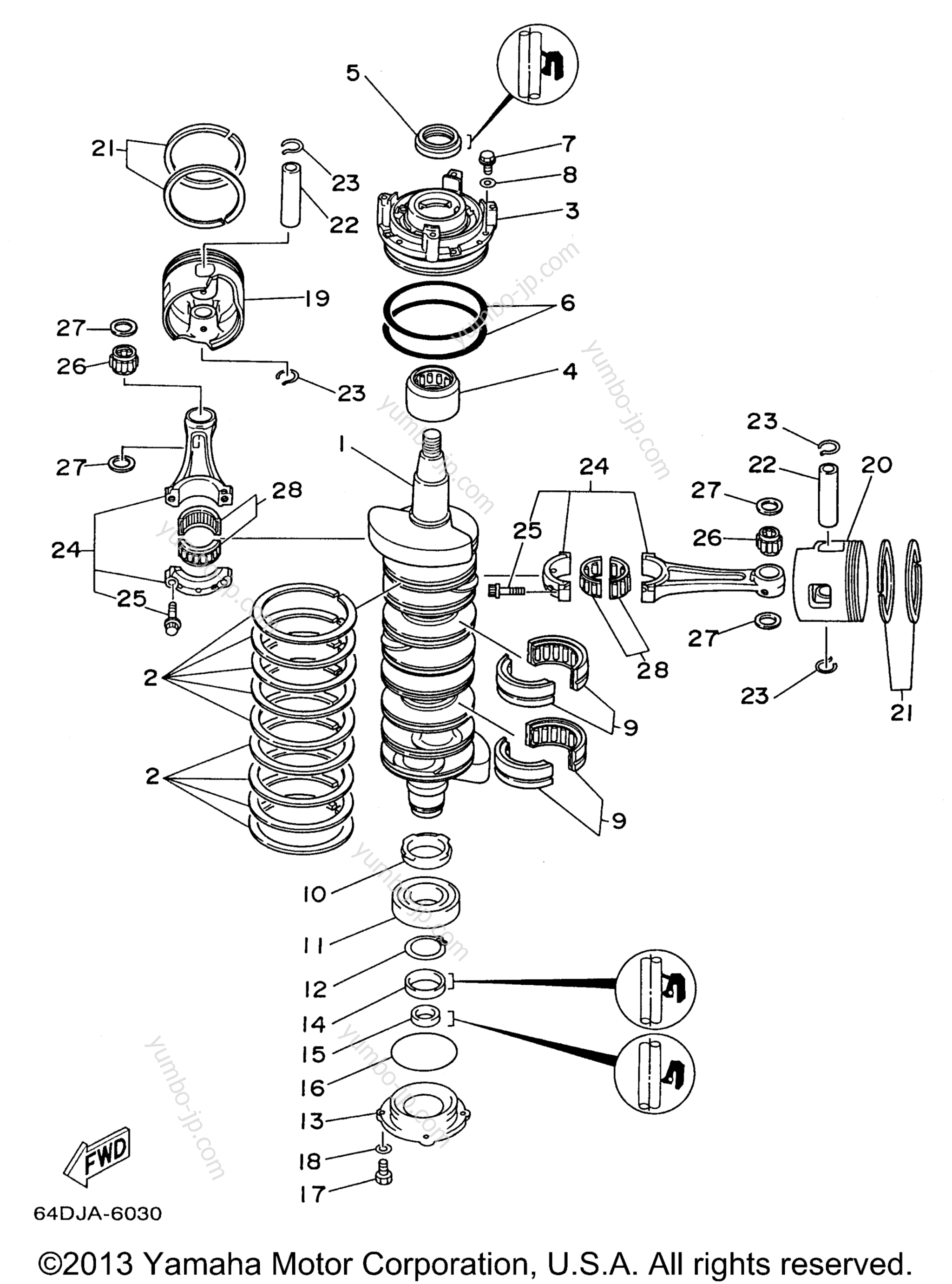 Коленвал и поршневая группа для лодочных моторов YAMAHA P175TLRV 1997 г.