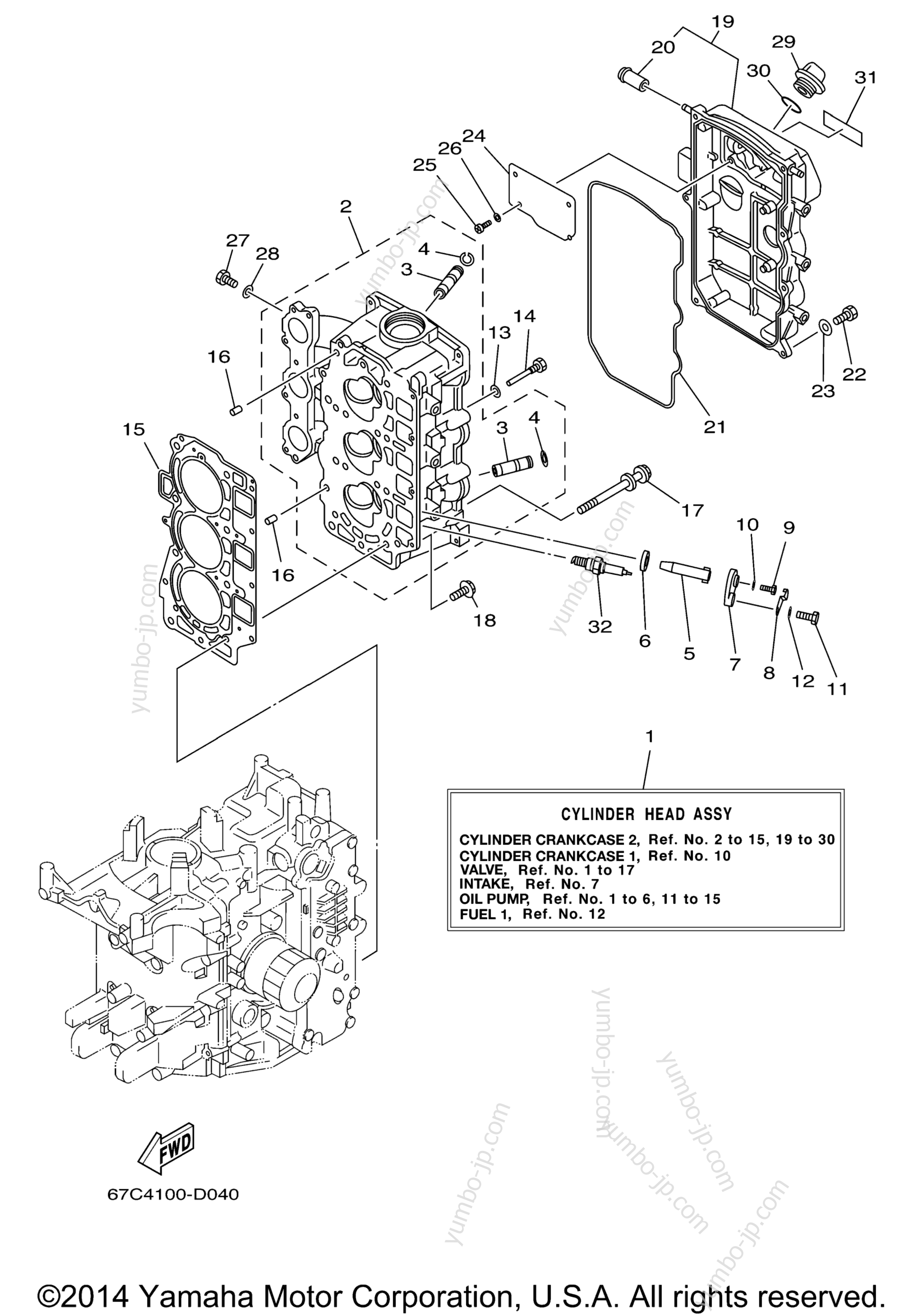 Cylinder Crankcase 2 для лодочных моторов YAMAHA F30TLR (0405) 69H-1004353~1005979 F40MSH_MLH_MJH_EJR_TLR 67C-101 2006 г.