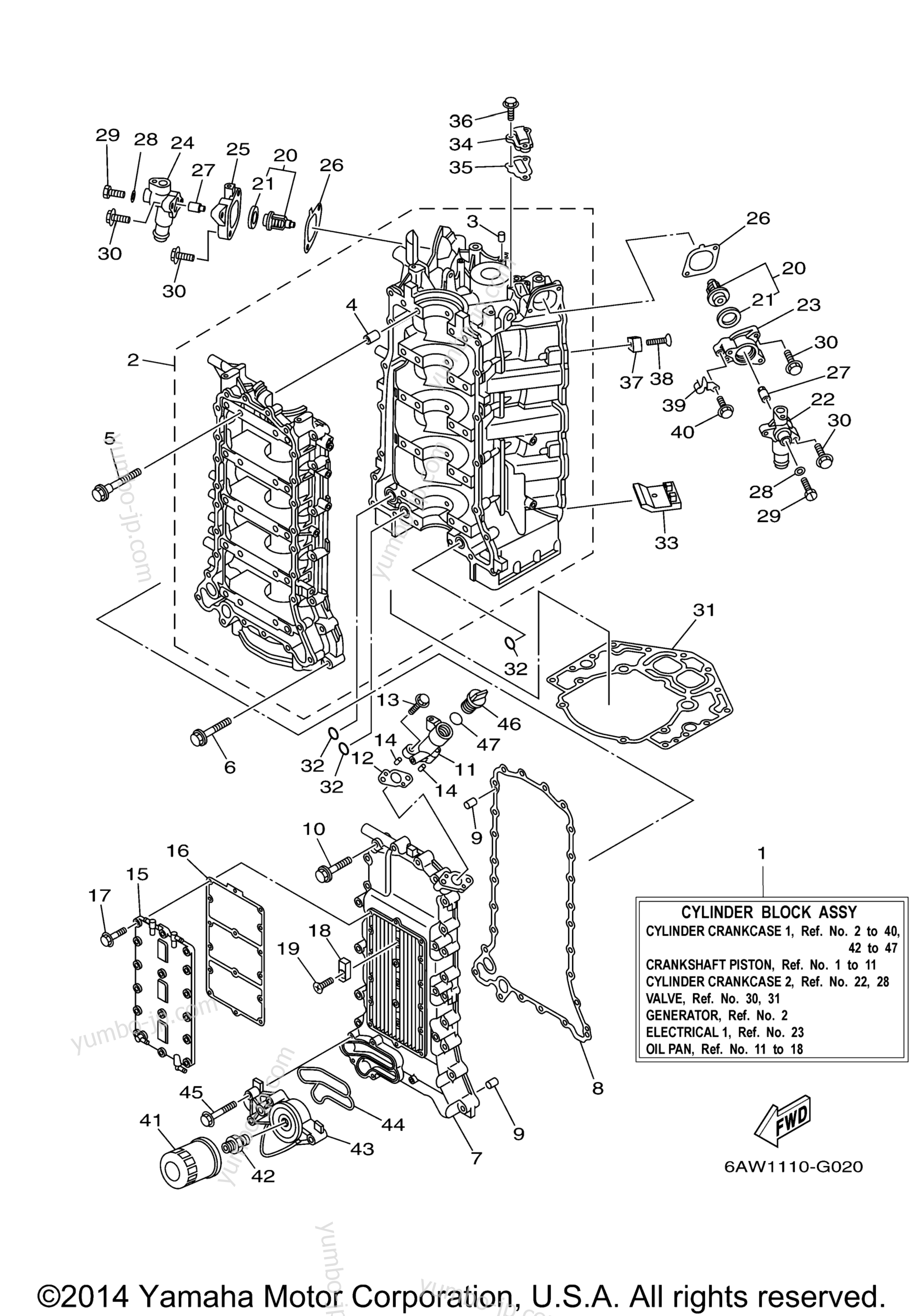 Cylinder Crankcase 1 для лодочных моторов YAMAHA LF300TUR (1207) 6BJ-1000001~ LF300TXR_TUR 6BK-1000001~ 2006 г.