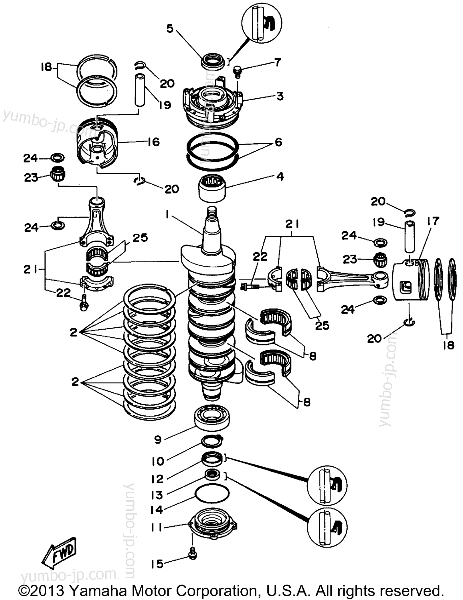 Коленвал и поршневая группа для лодочных моторов YAMAHA L200TXRS 1994 г.