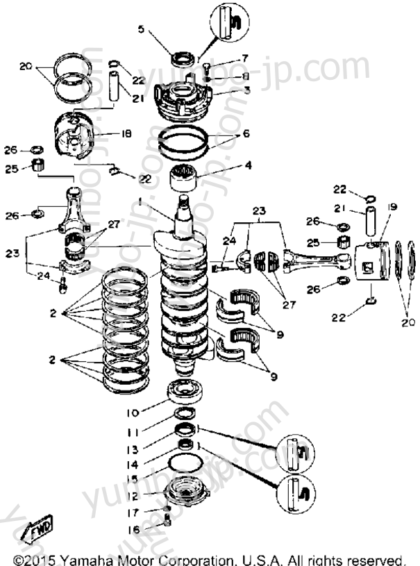 Коленвал и поршневая группа для лодочных моторов YAMAHA 150ETLDA 1990 г.