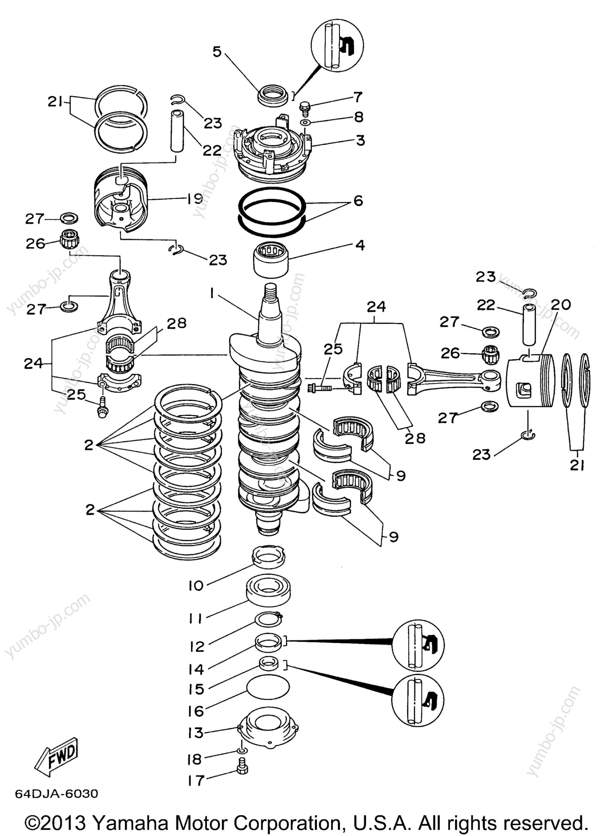 Коленвал и поршневая группа для лодочных моторов YAMAHA S175TXRW 1998 г.