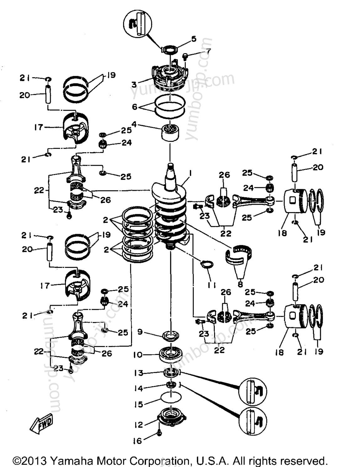 Коленвал и поршневая группа для лодочных моторов YAMAHA S130TLRV 1997 г.