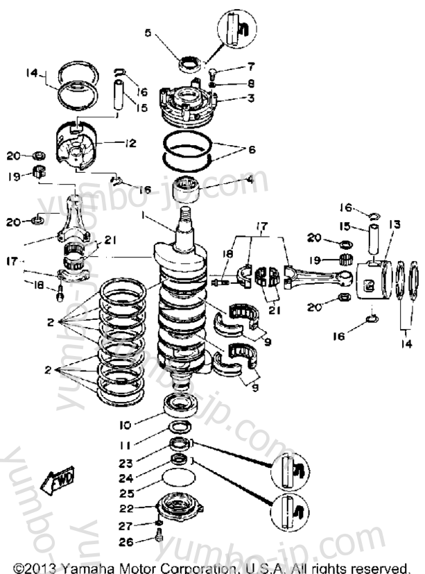 Коленвал и поршневая группа для лодочных моторов YAMAHA 225ETXD 1990 г.