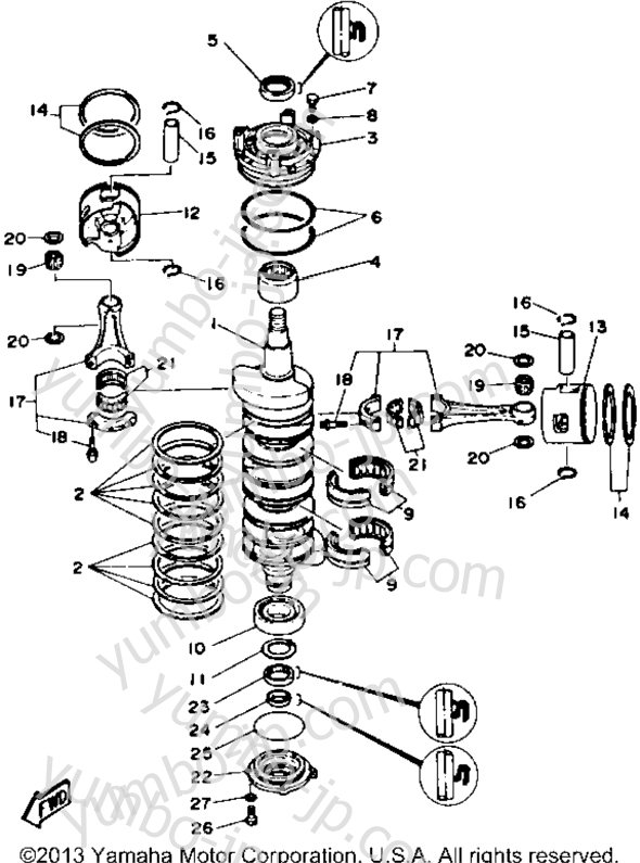 Коленвал и поршневая группа для лодочных моторов YAMAHA 225TLRR 1993 г.