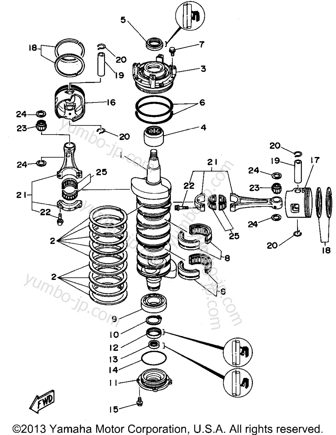 Коленвал и поршневая группа для лодочных моторов YAMAHA L200TXRT 1995 г.