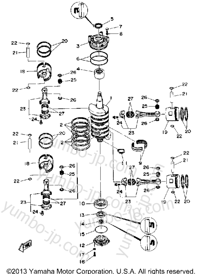 Коленвал и поршневая группа для лодочных моторов YAMAHA 115ETLD_JD (115ETXD) 1990 г.