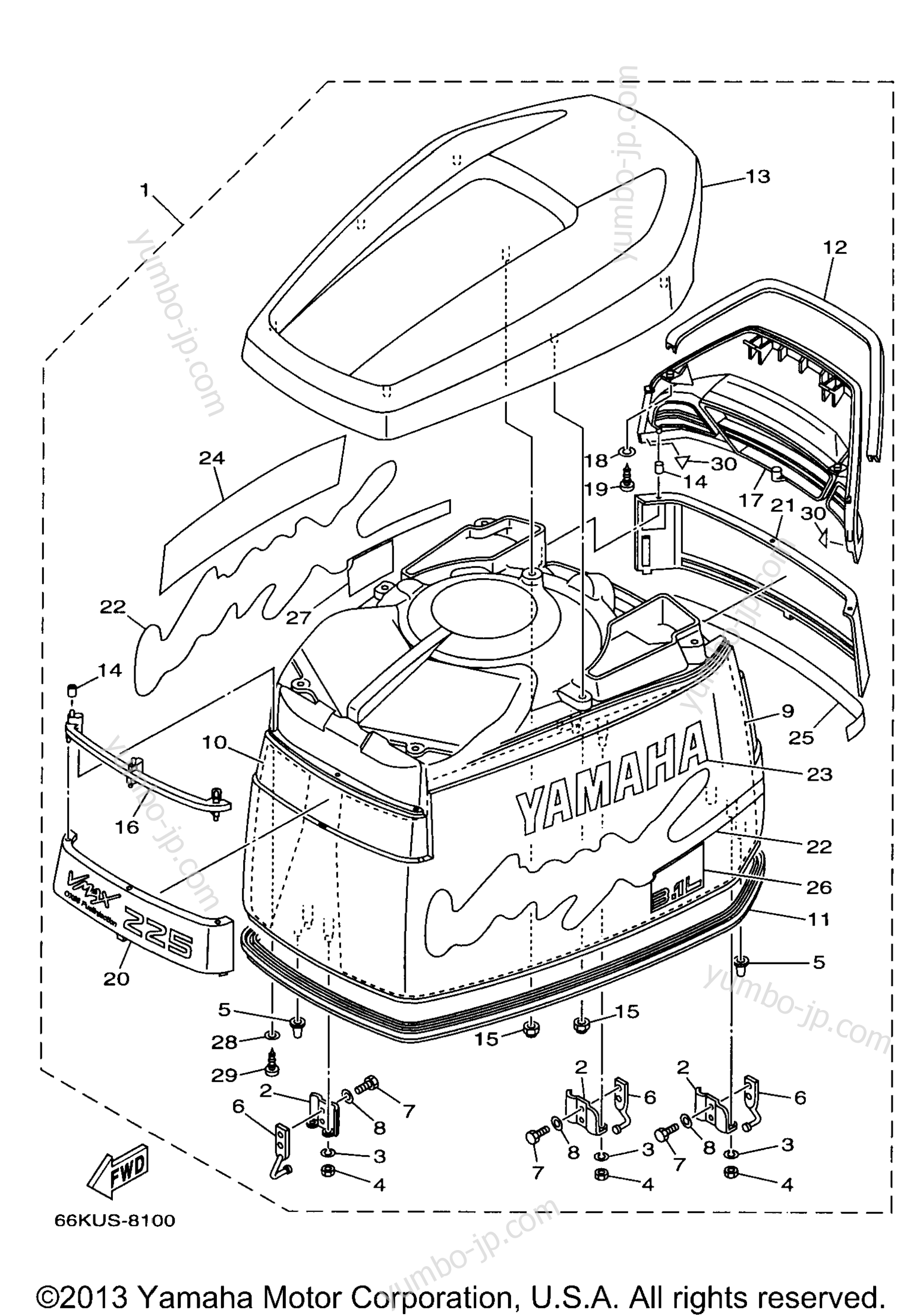 Top Cowling для лодочных моторов YAMAHA V225TLRW 1998 г.