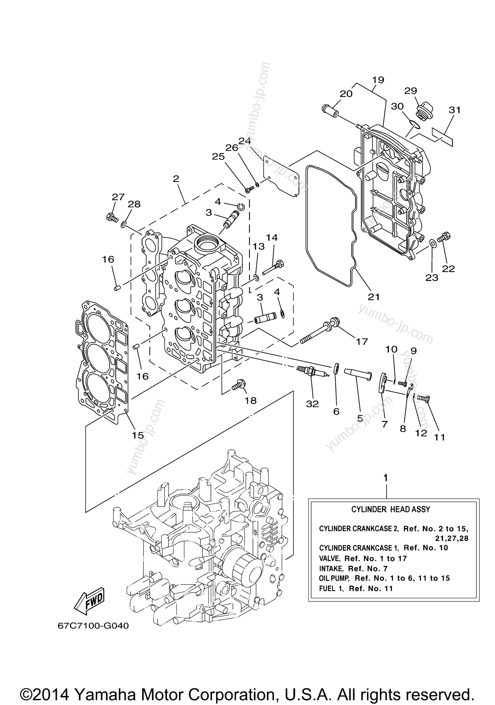 Cylinder Crankcase 2 для лодочных моторов YAMAHA F40BEJR (0407) 67C-1036313~ 2006 г.