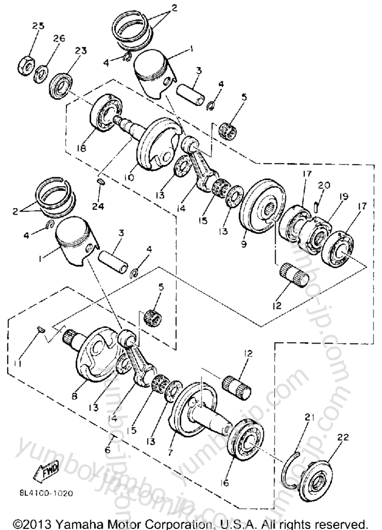 Crankshaft - Piston for snowmobiles YAMAHA ENTICER LTR (LONG TRACK+REVERSE) (ET340TRM) 1988 year
