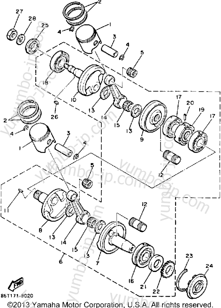 Crankshaft-Piston for snowmobiles YAMAHA ENTICER LTR (LONG TRACK+REVERSE) (ET400TRN) 1989 year
