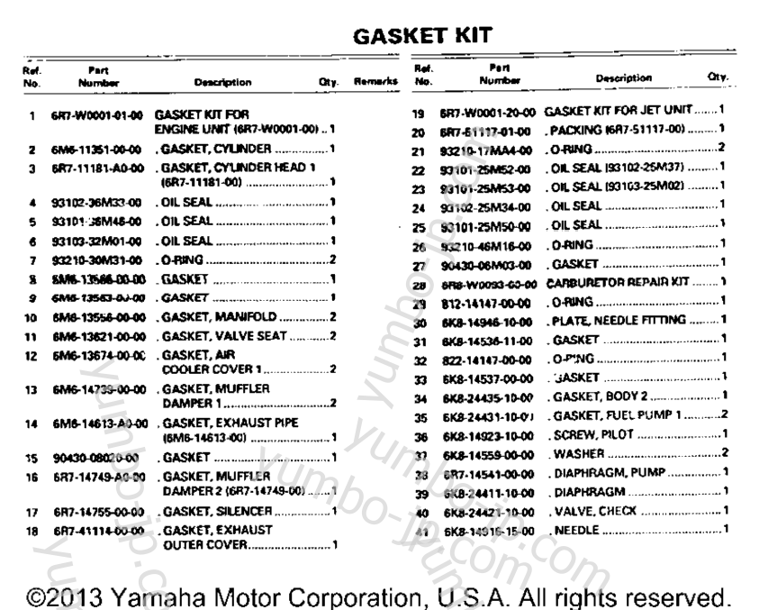 GASKET KIT for watercrafts YAMAHA SUPER JET (SJ650D) 1990 year
