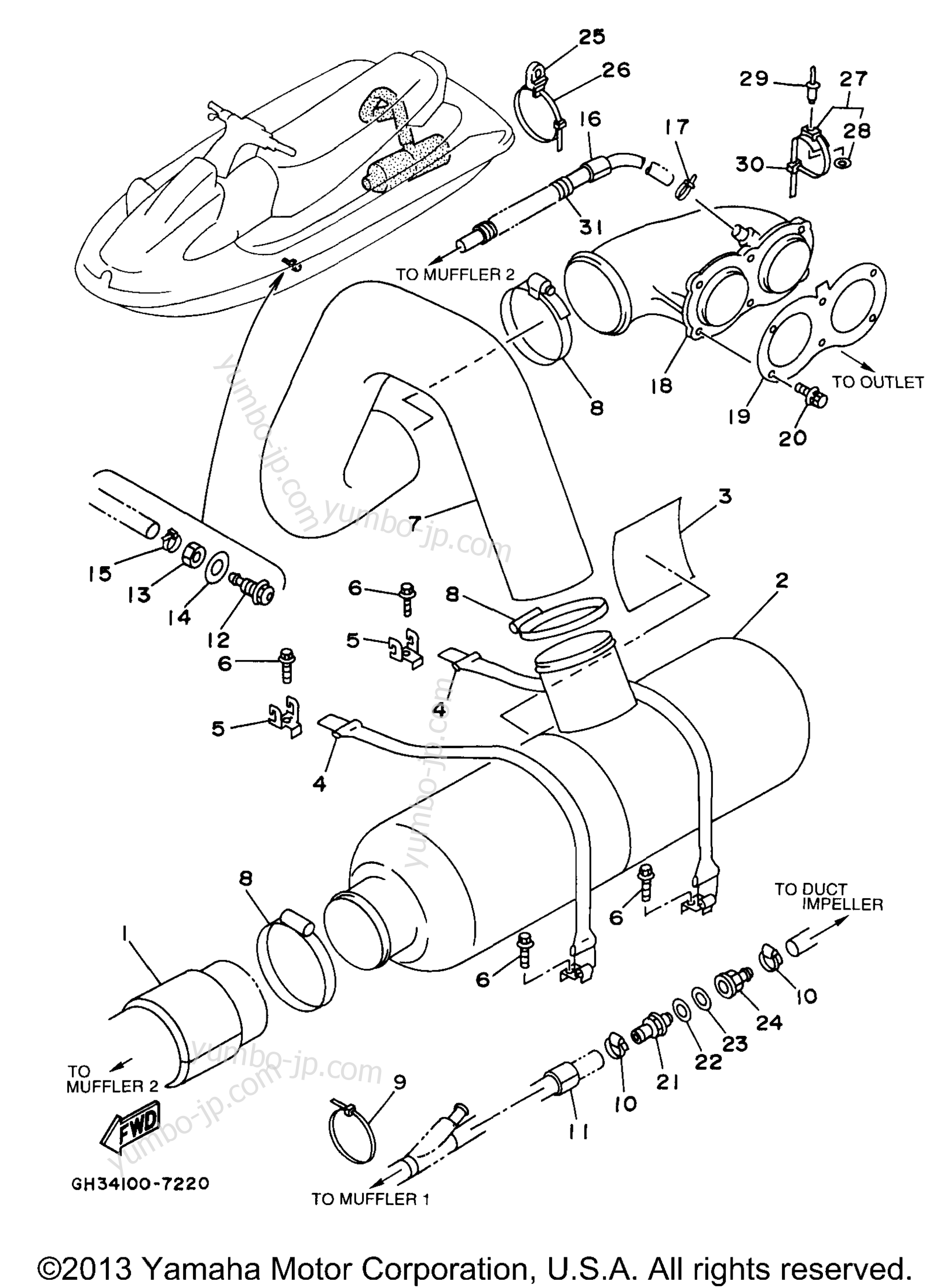 Exhaust 2 для гидроциклов YAMAHA WAVE VENTURE 1100 (WVT1100V) 1997 г.
