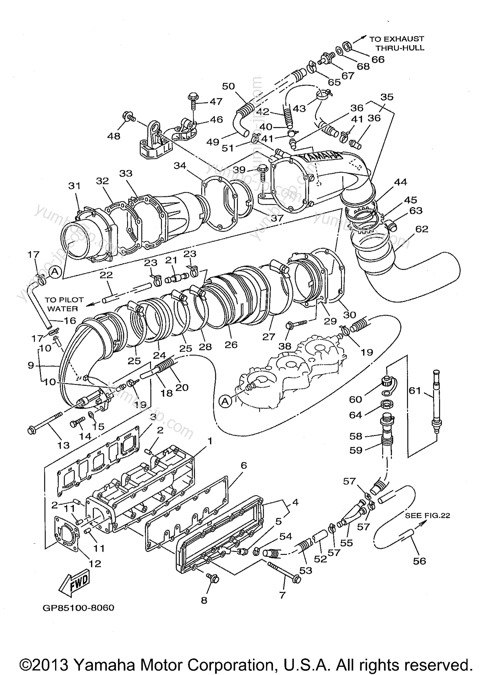 Exhaust 1 для гидроциклов YAMAHA WAVE RUNNER GP1200 (GP1200W) 1998 г.