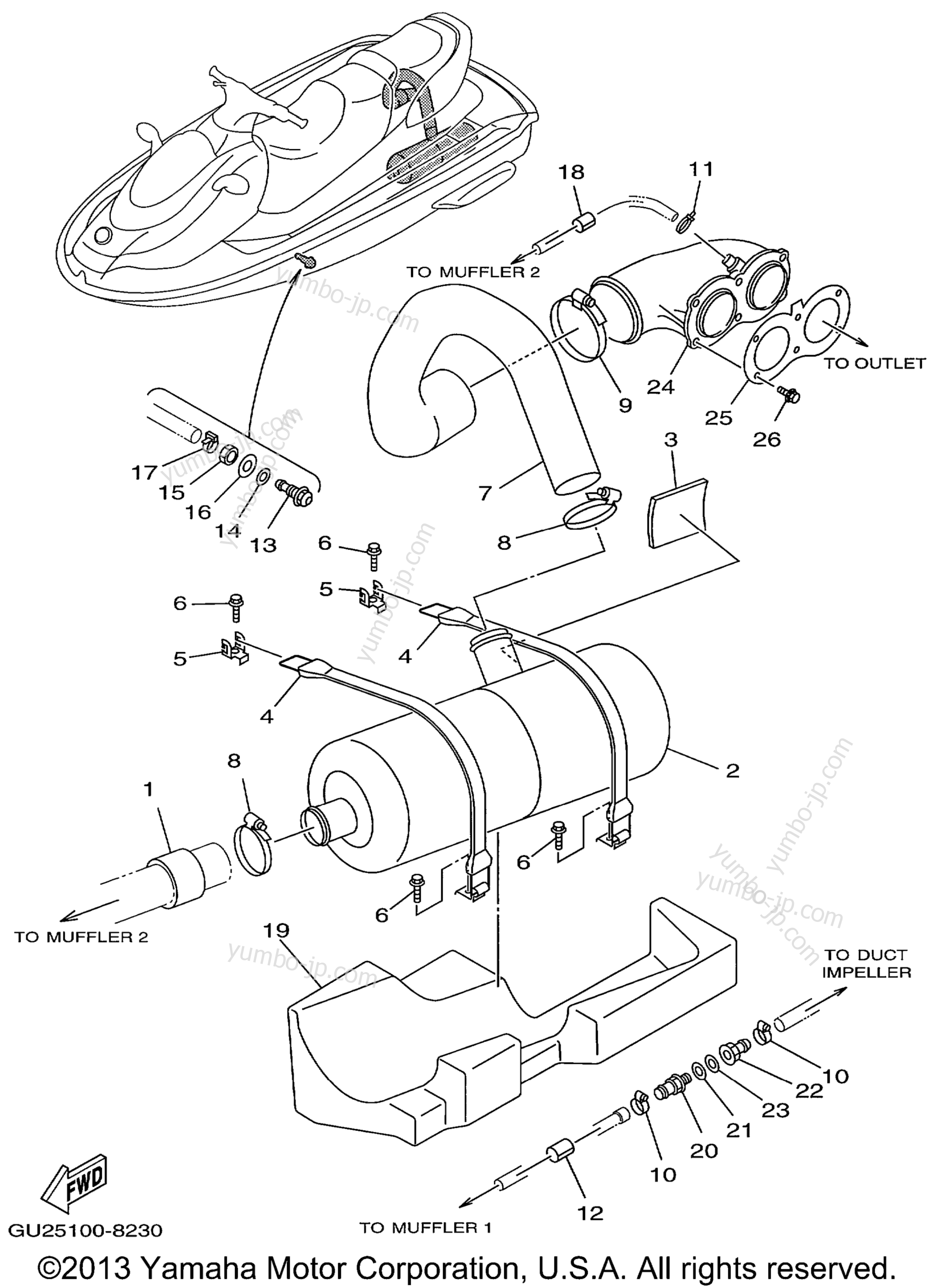 Exhaust 2 для гидроциклов YAMAHA WAVE RUNNER XL760 (XL760X) 1999 г.
