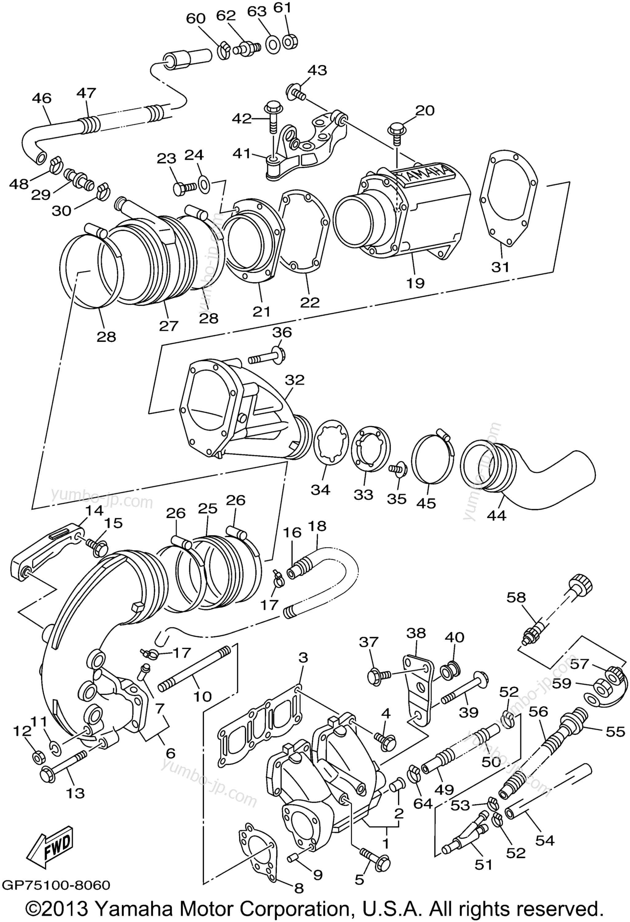 Exhaust 1 для гидроциклов YAMAHA WAVE RUNNER GP760 (GP760W) 1998 г.