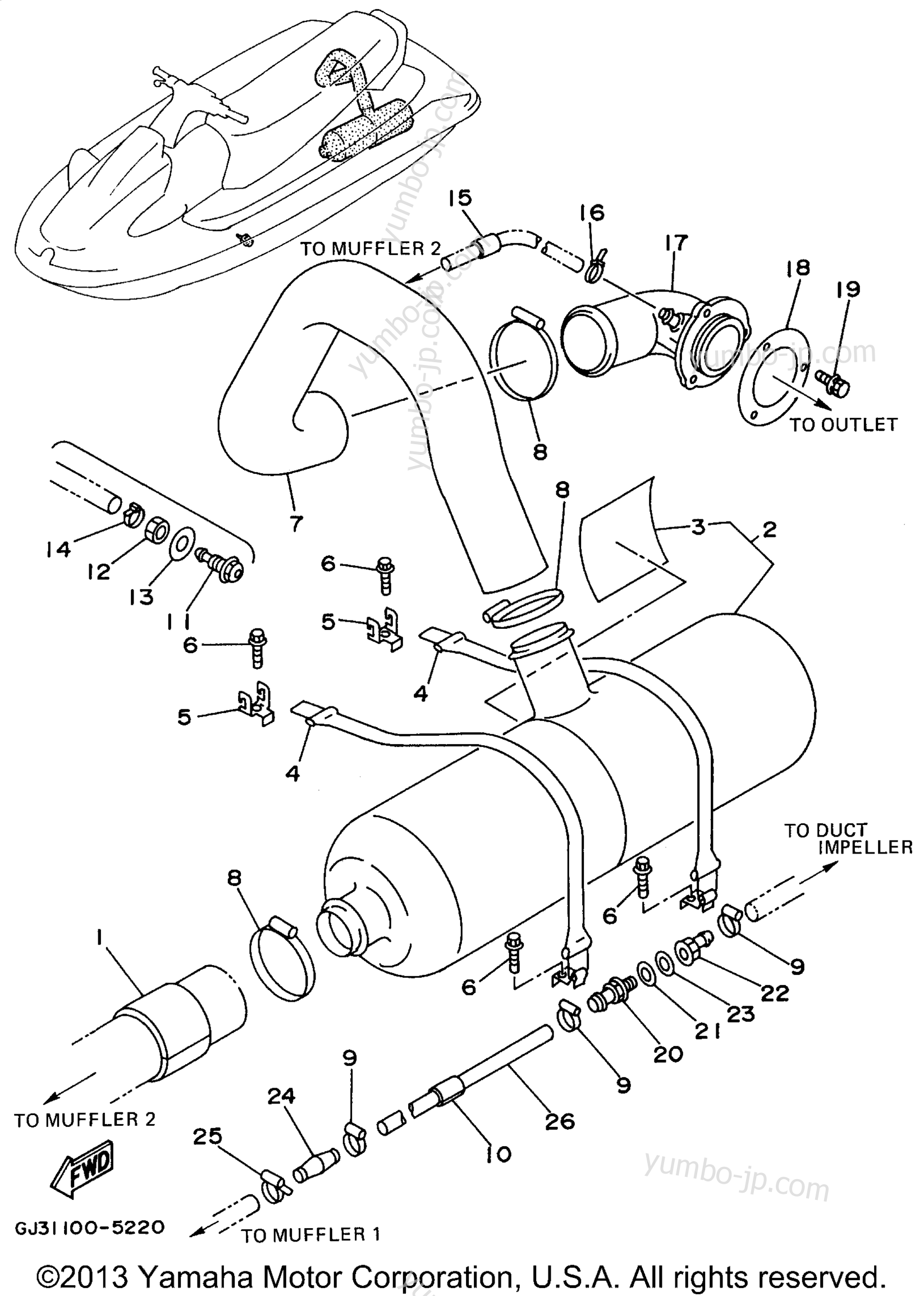 Exhaust 2 для гидроциклов YAMAHA WAVE VENTURE (WVT700T) 1995 г.